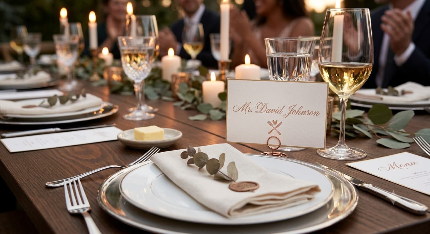 A place card on a set dinner table with a small symbol marking the guest's chosen main course.