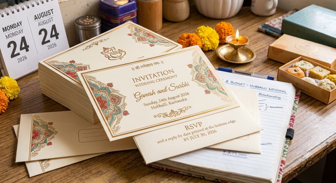 A wedding invitation card lying on a table with the letters RSVP and a reply-by date printed at the bottom edge.
