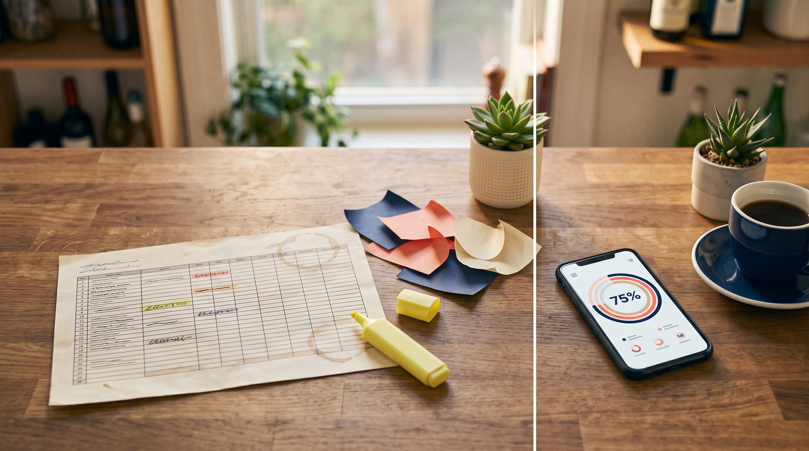 A messy printed guest spreadsheet beside a phone showing a clean RSVP headcount dashboard