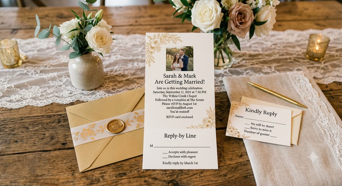A printed wedding invitation with a reply-by line and a small RSVP card resting beside it on a linen surface.
