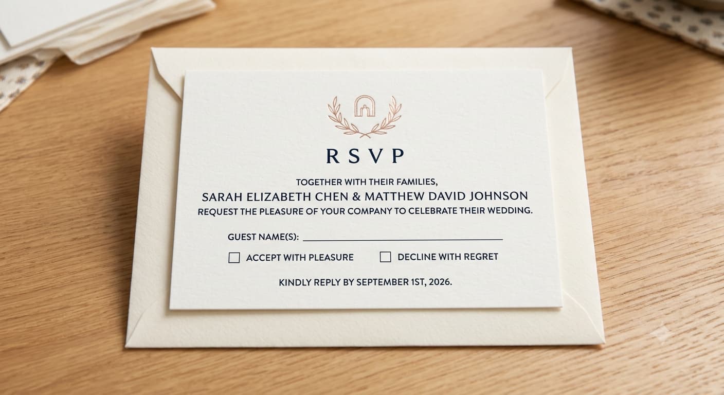 A printed RSVP card with a name line and two tick boxes, resting on a cream envelope.