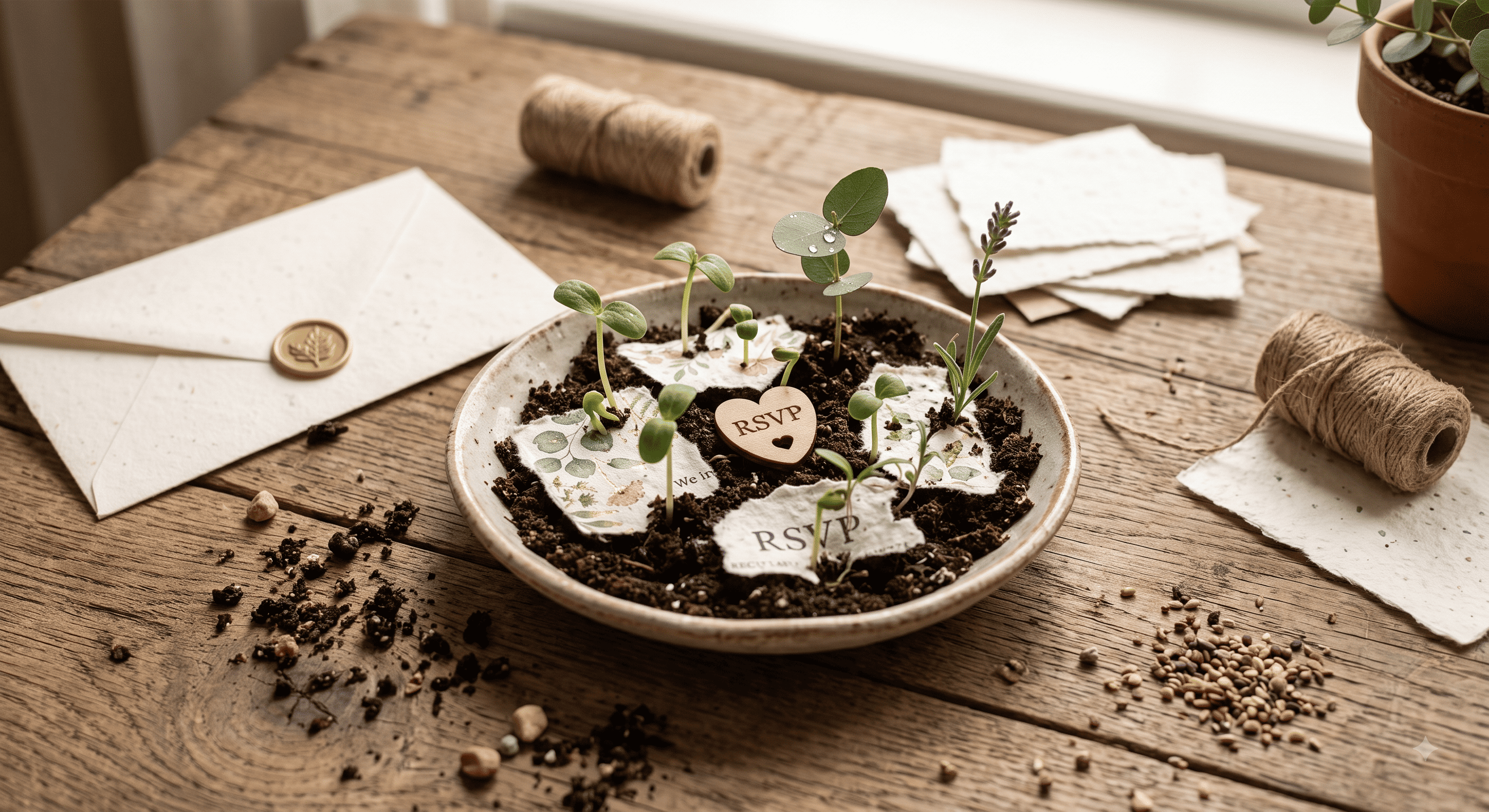 Textured seed paper invitation cards with visible embedded seeds beside a small pot of soil.