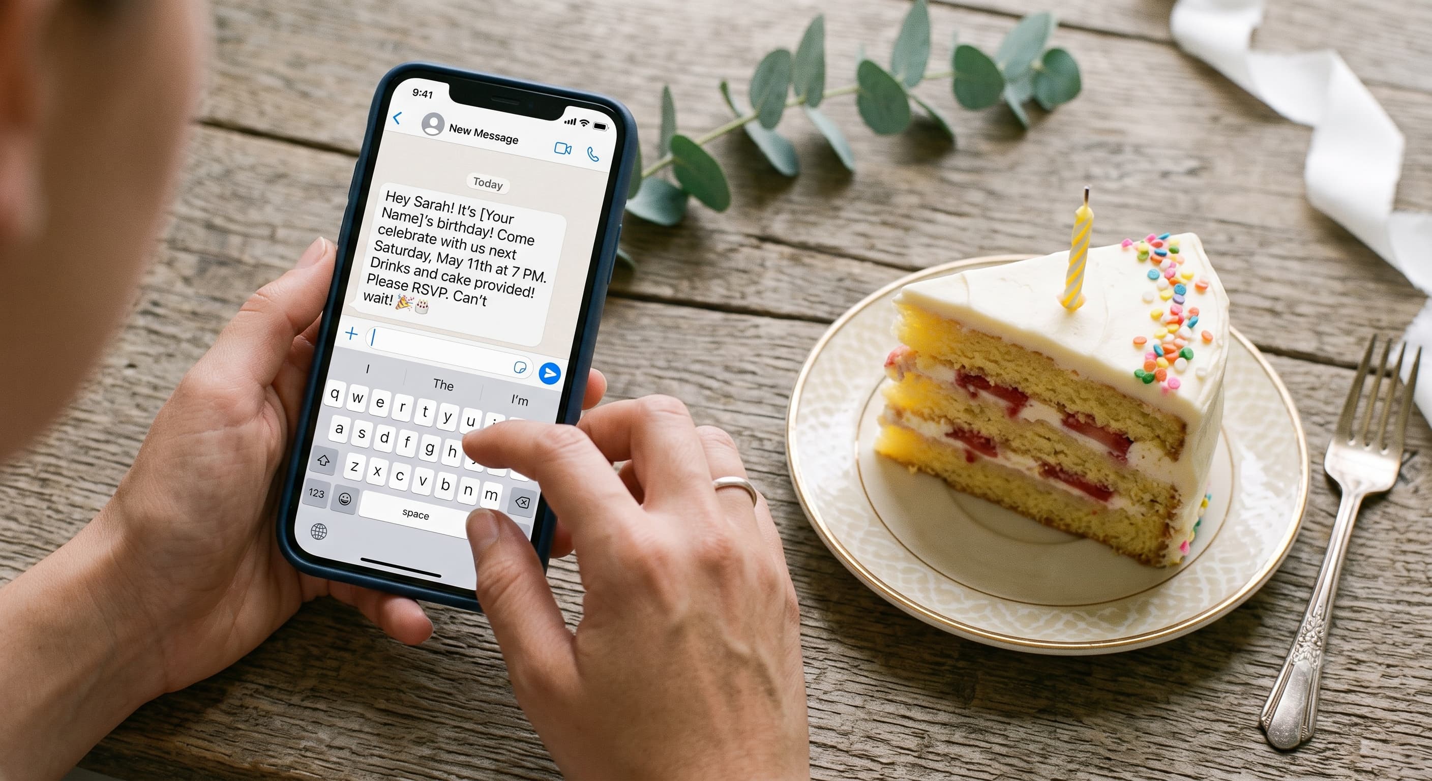 Close-up of hands typing a short birthday invitation text on WhatsApp with a slice of birthday cake beside the phone.