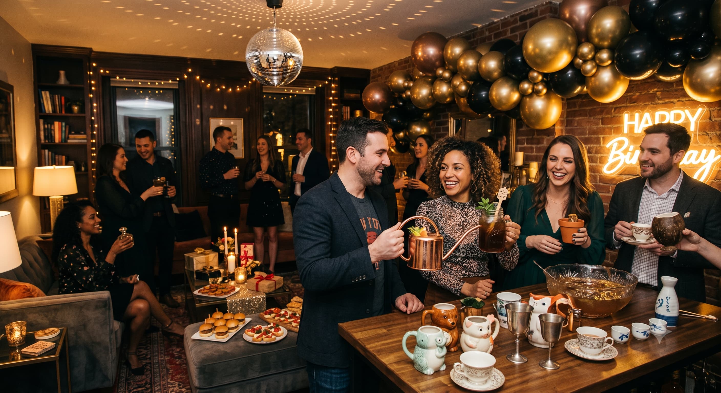 Guests at a birthday party holding drinks in unusual vessels including a watering can and a glass jar.