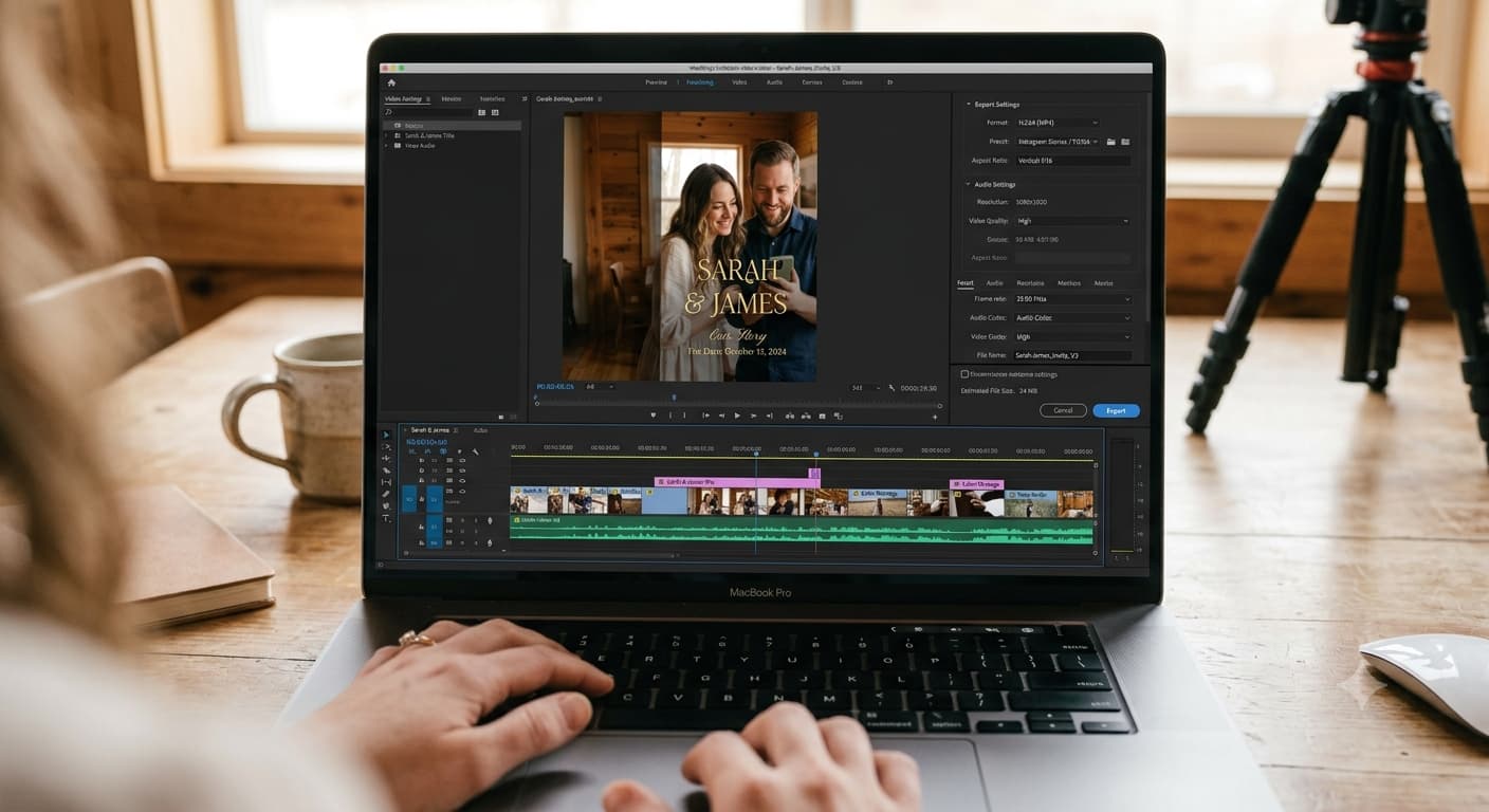 A vertical wedding invitation video open in an editing timeline on a laptop, with export settings visible on the side panel.