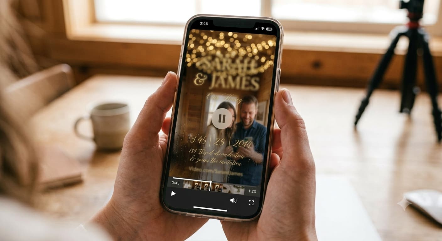 A phone screen showing a paused wedding invitation video with blurred, hard-to-read text on the date card.