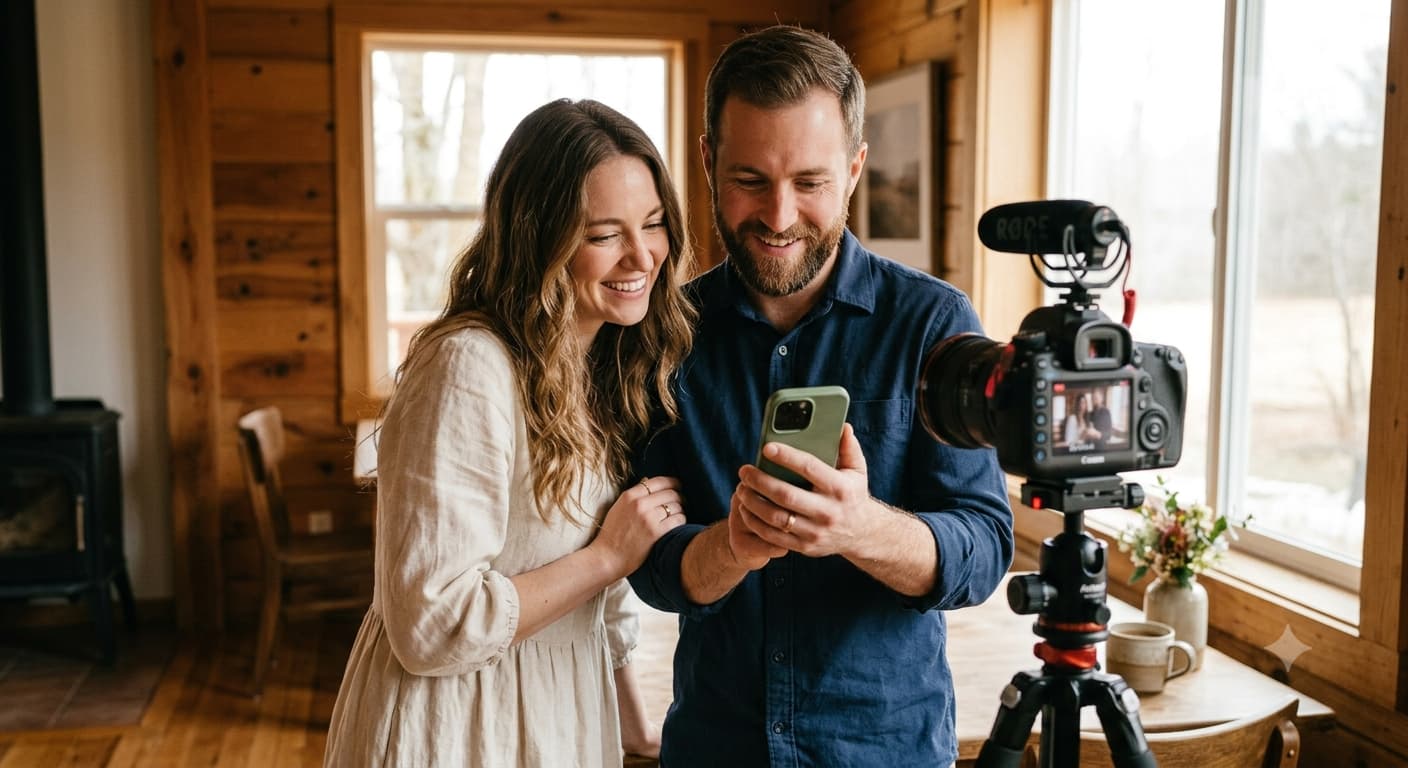 A couple reading from a phone held beside a camera while filming their wedding invitation video in a sunlit room.