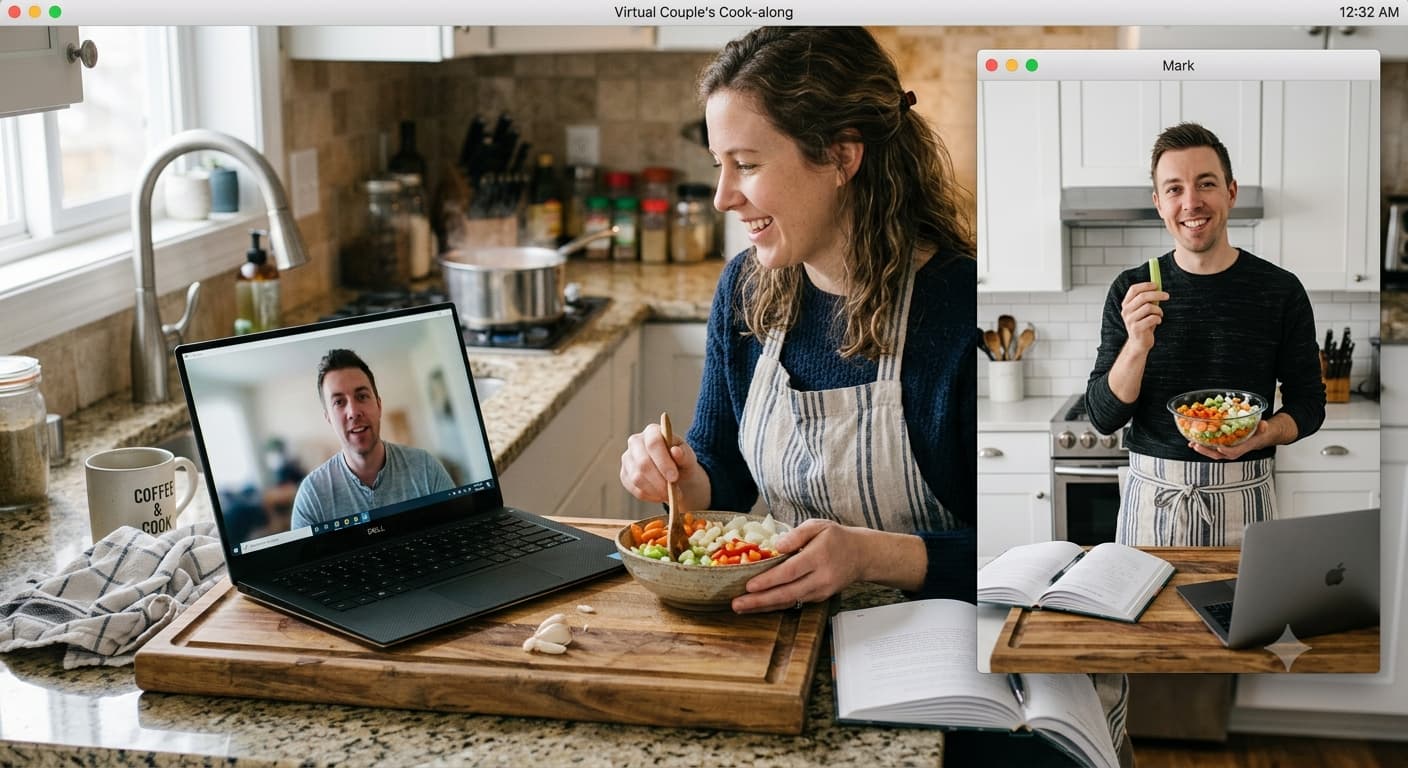 A laptop propped on a kitchen counter showing a video call, with chopped vegetables and a recipe open beside it.