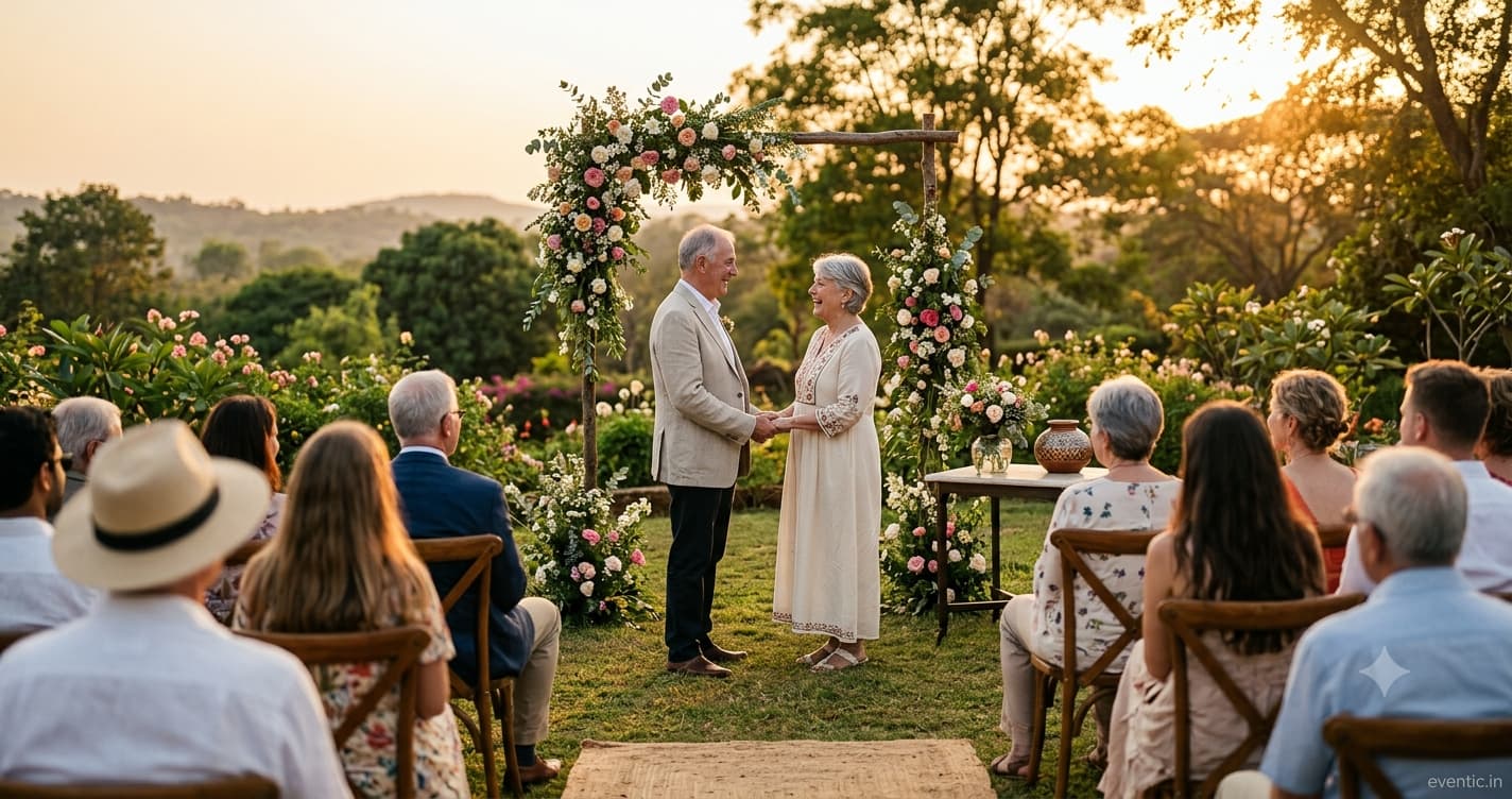 An older couple renewing their vows at an outdoor ceremony with family gathered around, celebrating a milestone anniversary