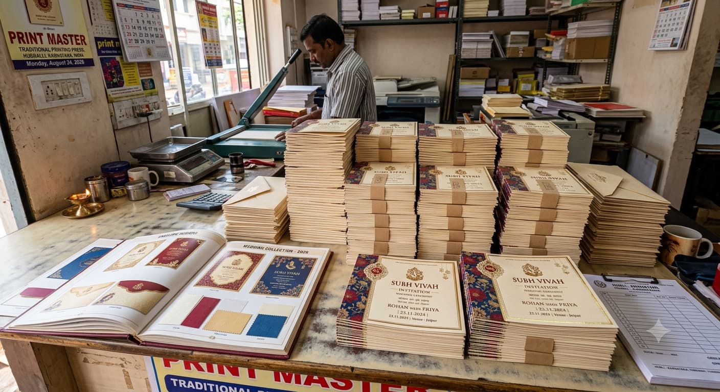 Stacks of printed Indian wedding invitation cards with gold foil borders on a printer's counter, with sample books open beside them.