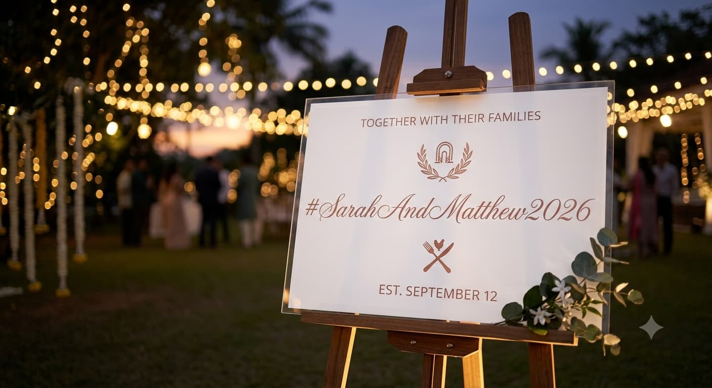 A white acrylic wedding sign on a wooden easel displaying a couple's hashtag, with string lights blurred in the background.