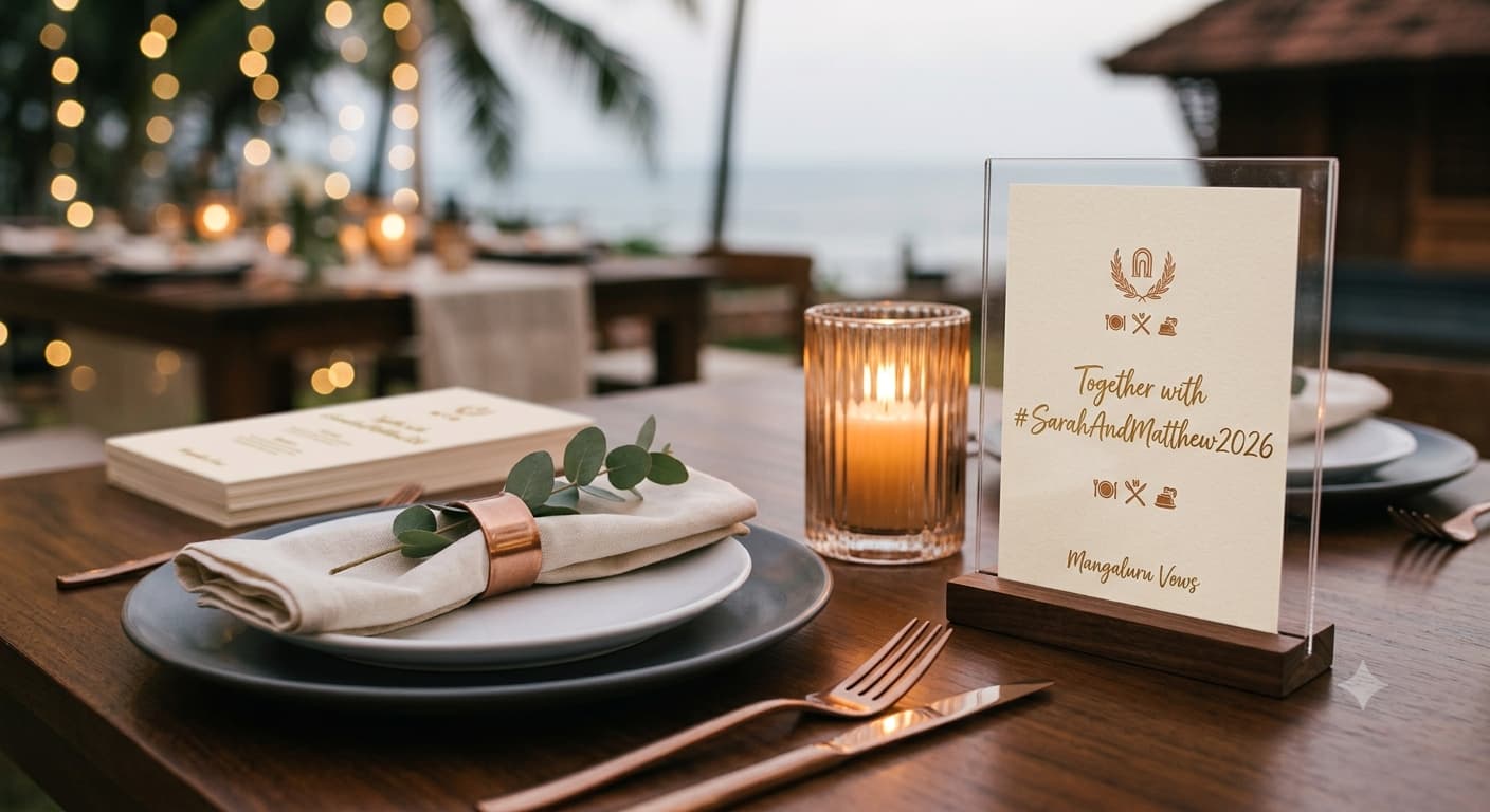 A small acrylic table card printed with a wedding hashtag, standing beside a place setting and a lit candle.