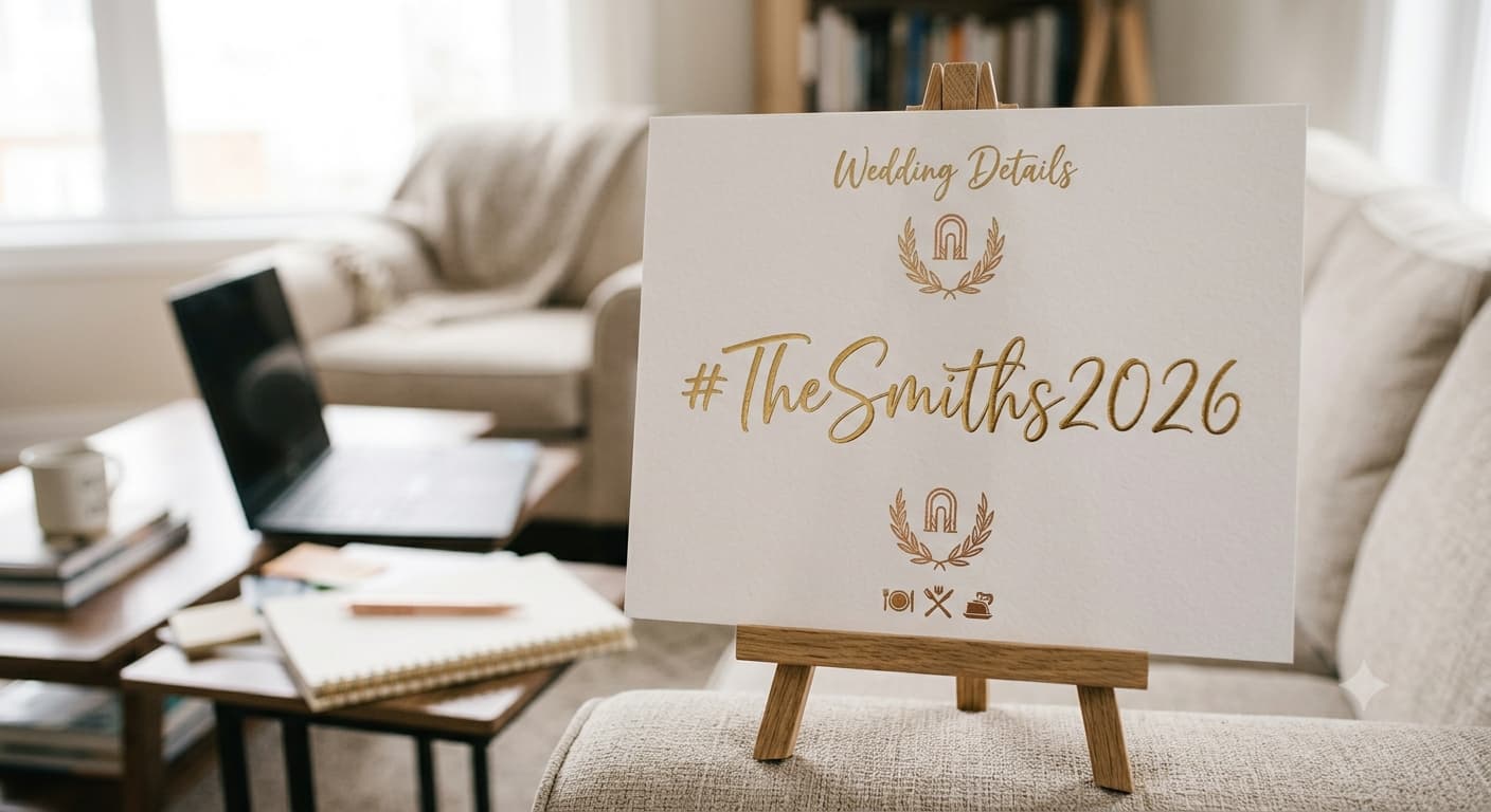 A close-up of a printed wedding sign showing a couple's surname hashtag in gold script on white card stock.