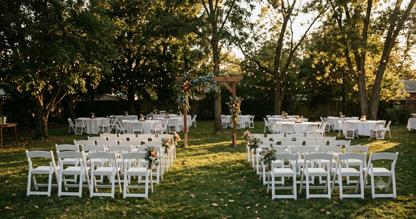String lights and folding chairs set up in a backyard for a small DIY wedding reception