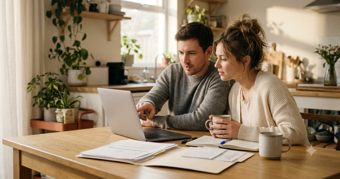 Couple reviewing a wedding insurance policy at their kitchen table with a laptop and a folder of vendor contracts