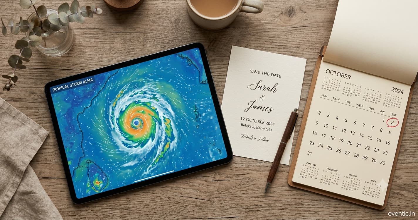 A tropical storm satellite forecast map displayed next to a printed wedding invitation and calendar