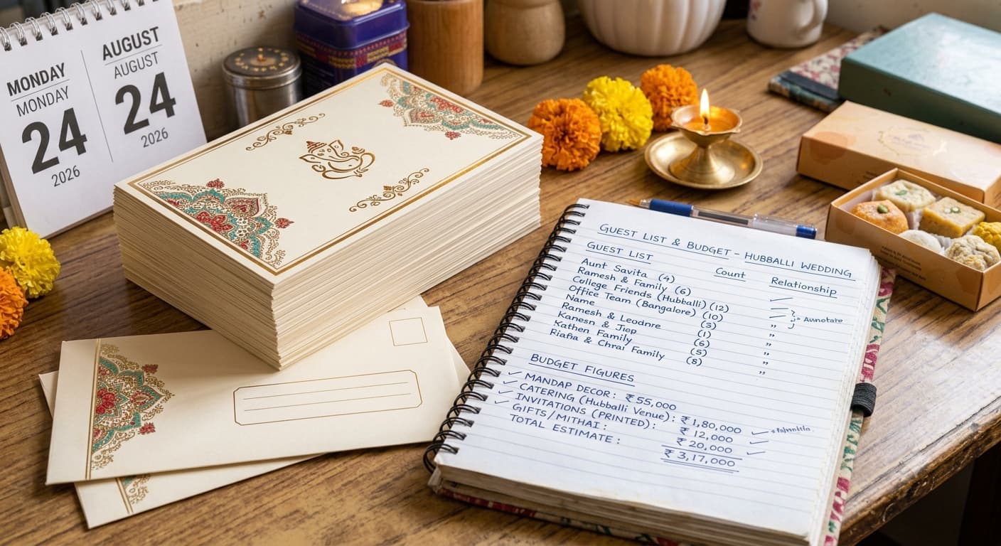 A stack of unused printed Indian wedding cards beside a notebook with a handwritten guest list and budget figures.