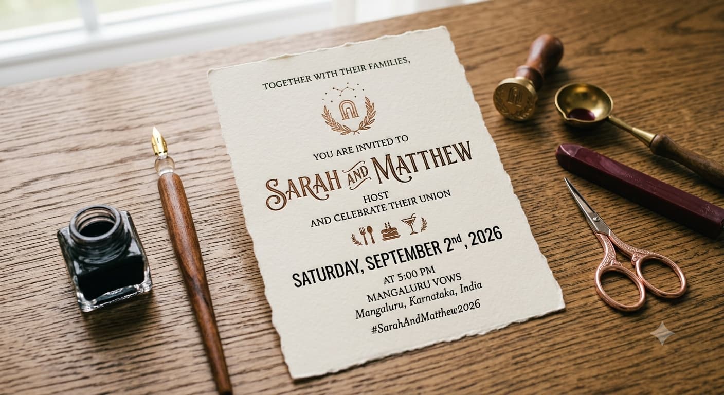 A modern wedding invitation on textured paper showing the couple's names as hosts, photographed on a wooden table.