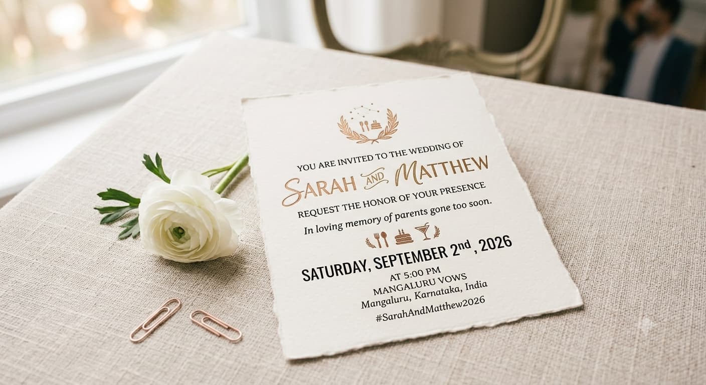A simple wedding invitation with a short remembrance line, resting beside a single white flower on a linen cloth.