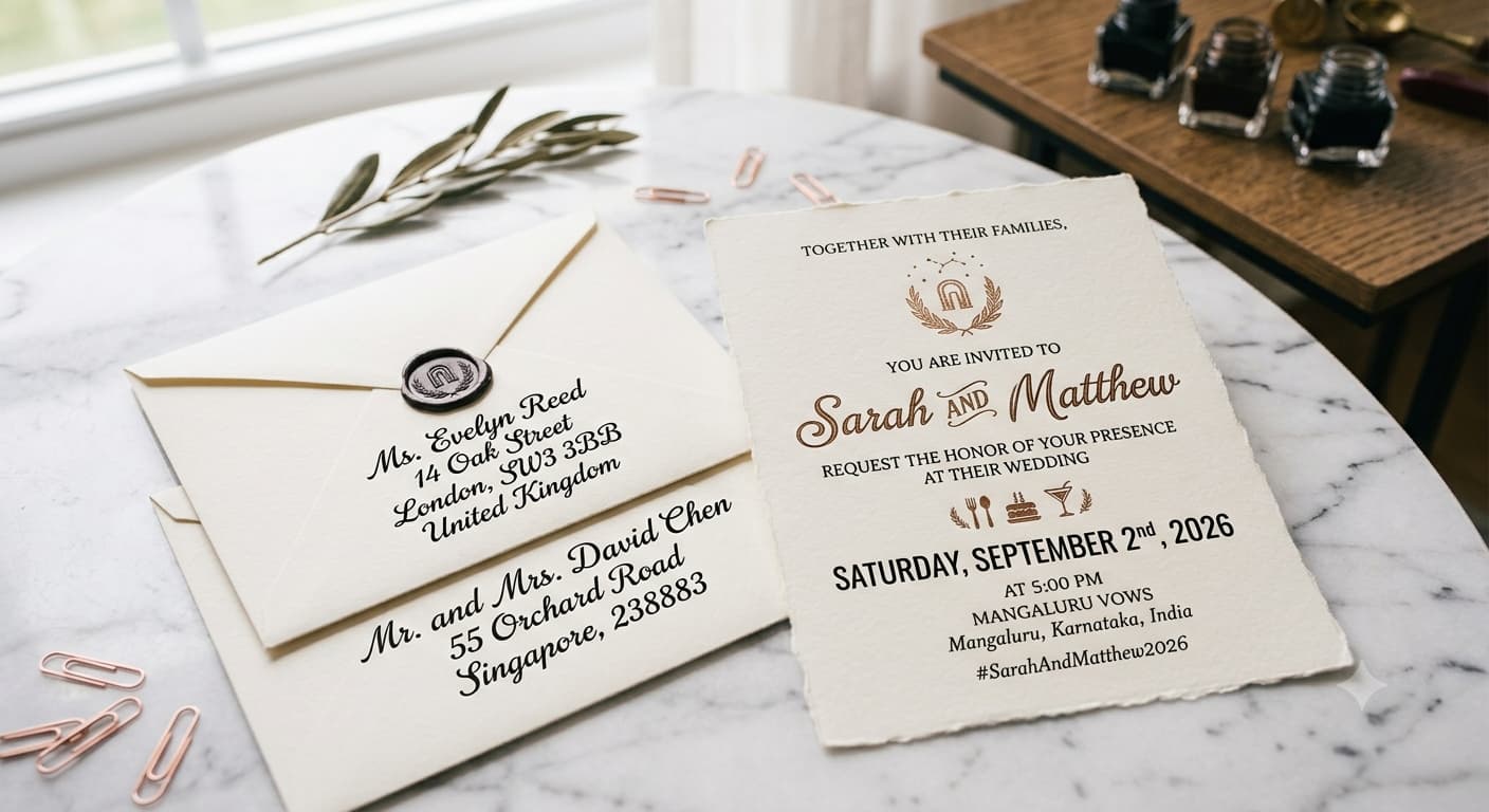 A formal wedding invitation with a multi-line host section laid on a marble surface next to two addressed envelopes.