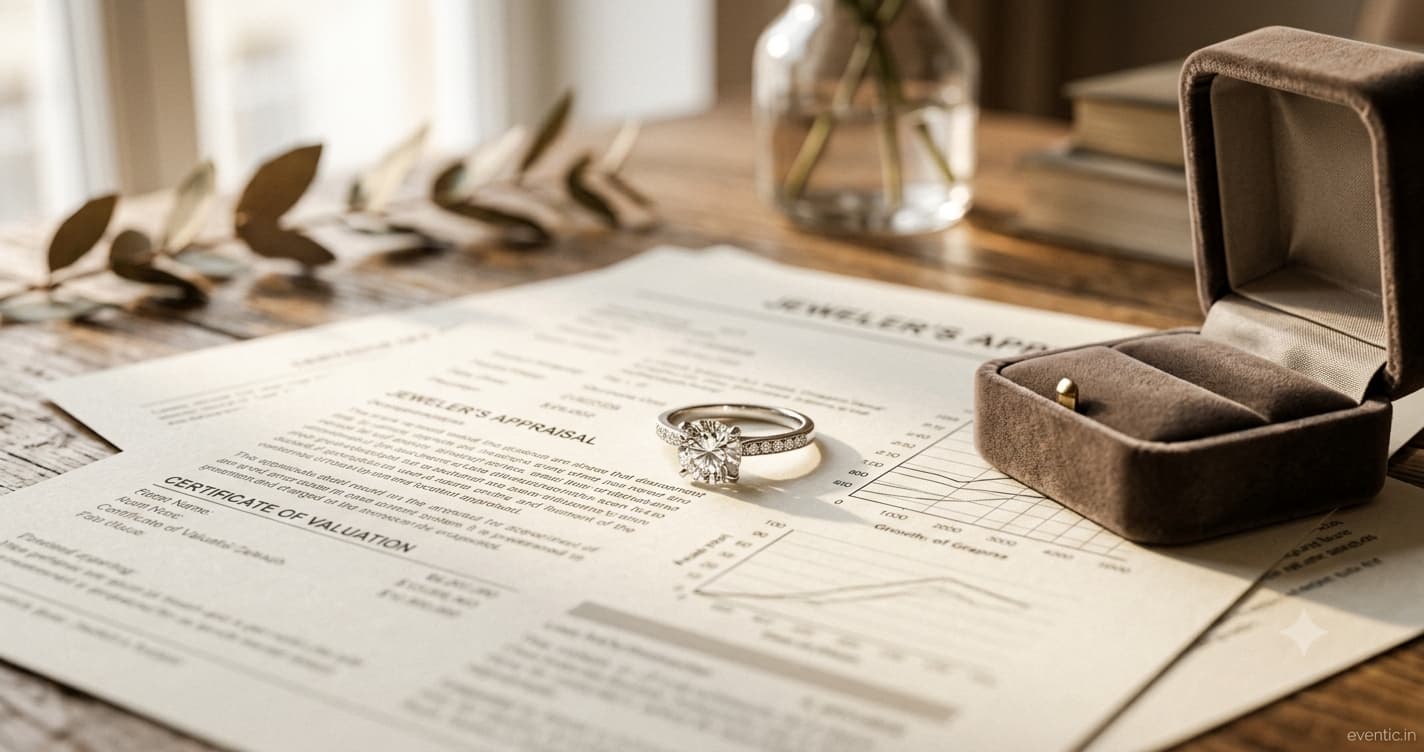 A wedding ring resting on top of a jeweler's appraisal document next to an open ring box