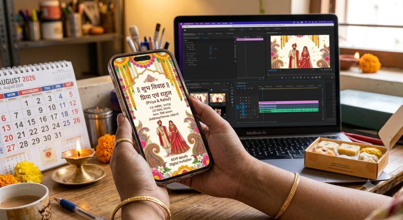 A phone screen playing an animated Indian wedding video invitation, with a laptop showing editing software blurred in the background