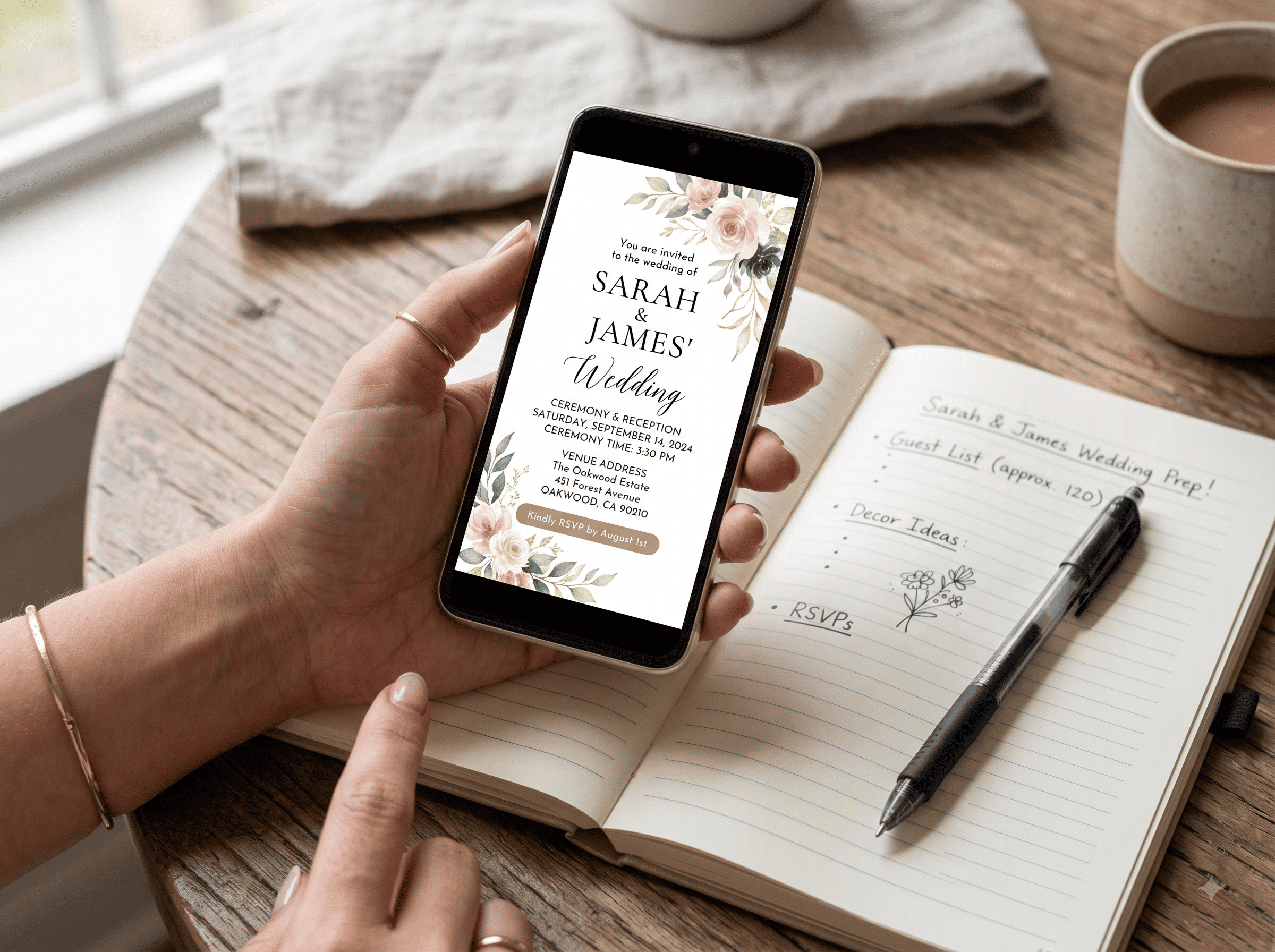 A phone showing a digital wedding invitation with ceremony time and venue address, held above a notebook and pen