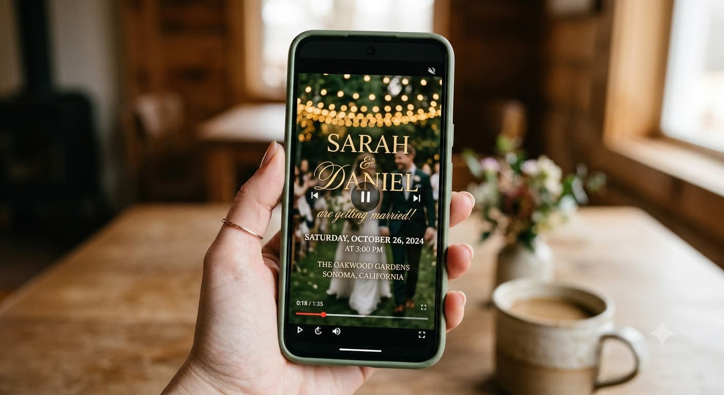 A phone screen showing a wedding invitation video paused on a title card with the couple's names and date.