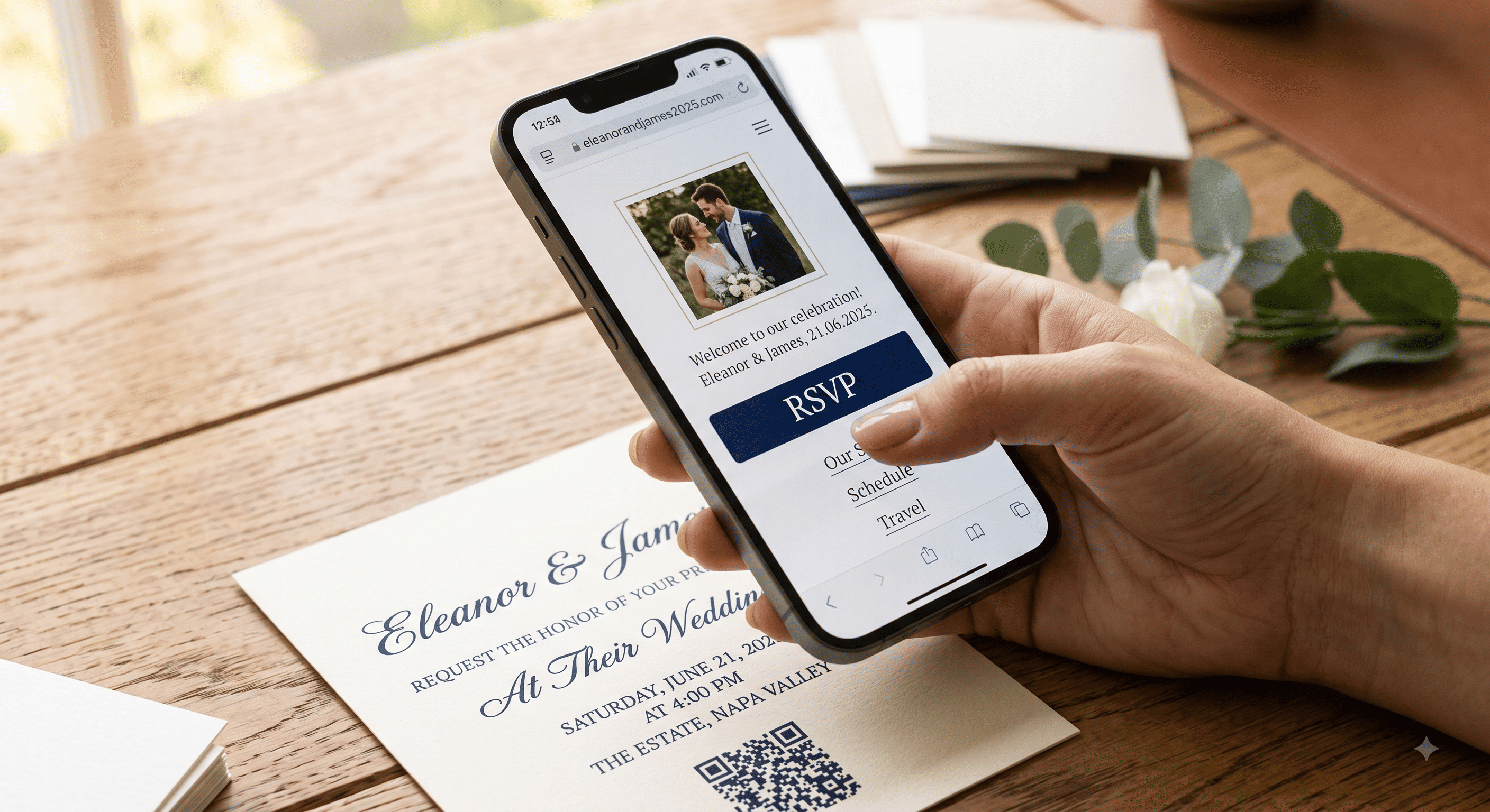 A phone held over a wedding details card, showing a wedding website homepage with an RSVP button on screen.