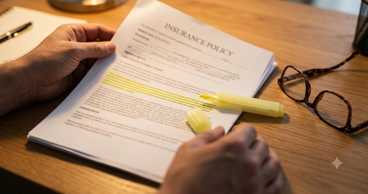Couple reading the fine print of a wedding insurance policy document with a highlighter