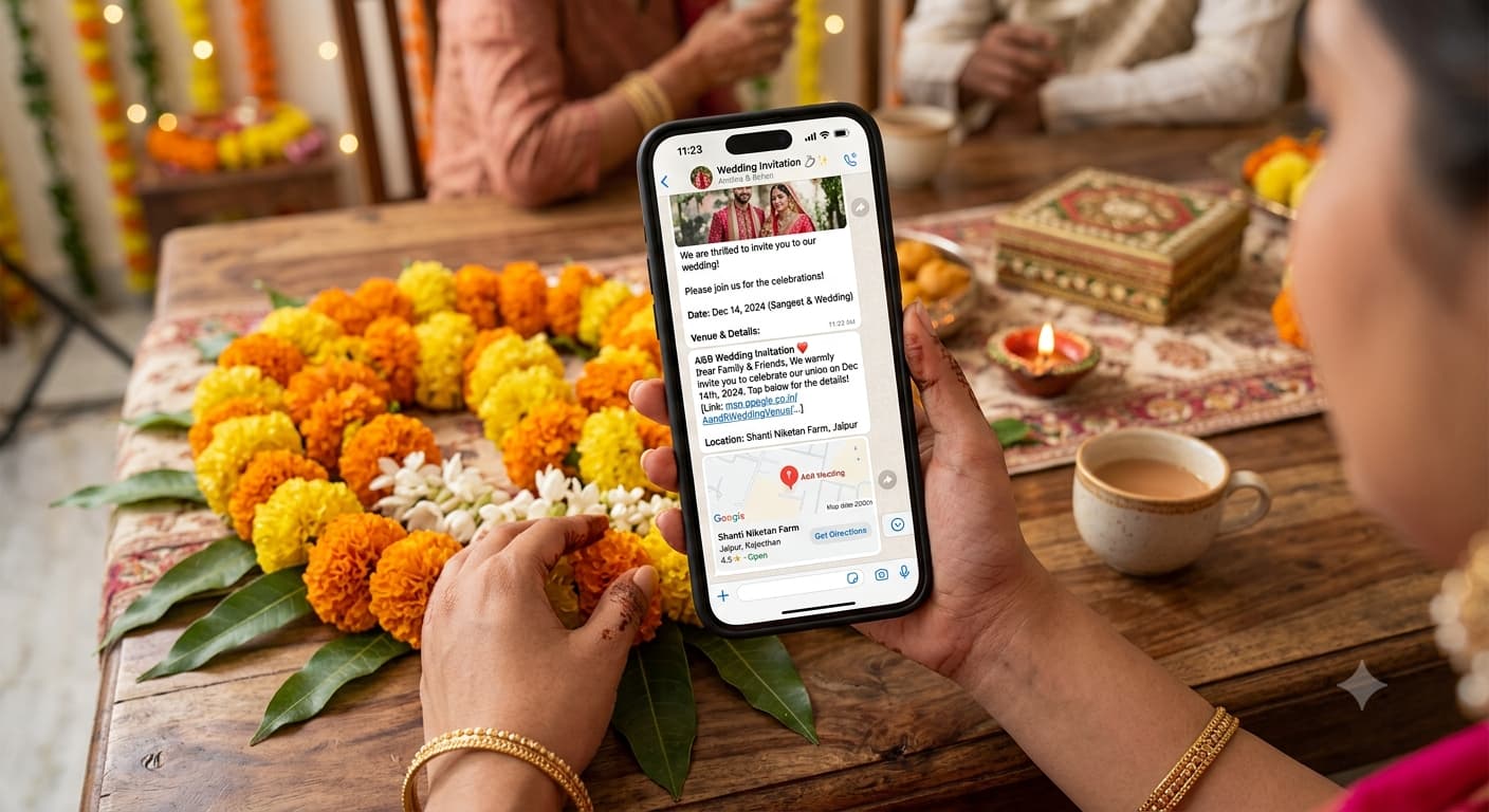 A phone screen showing a WhatsApp chat with a wedding invitation message and a map link, held above a table with a marigold garland.