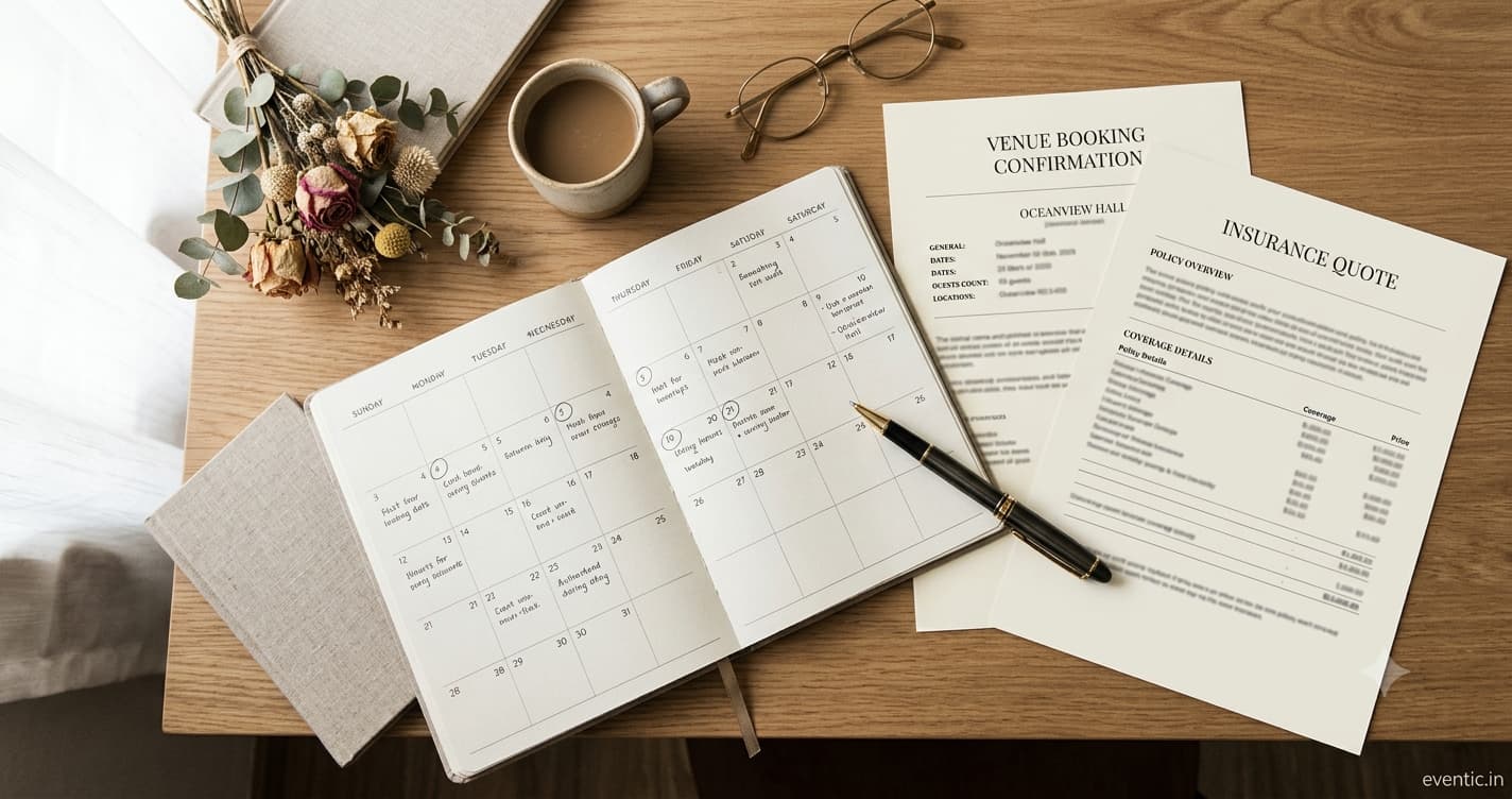 A wedding planning timeline calendar on a desk with a venue booking confirmation and an insurance quote printed side by side