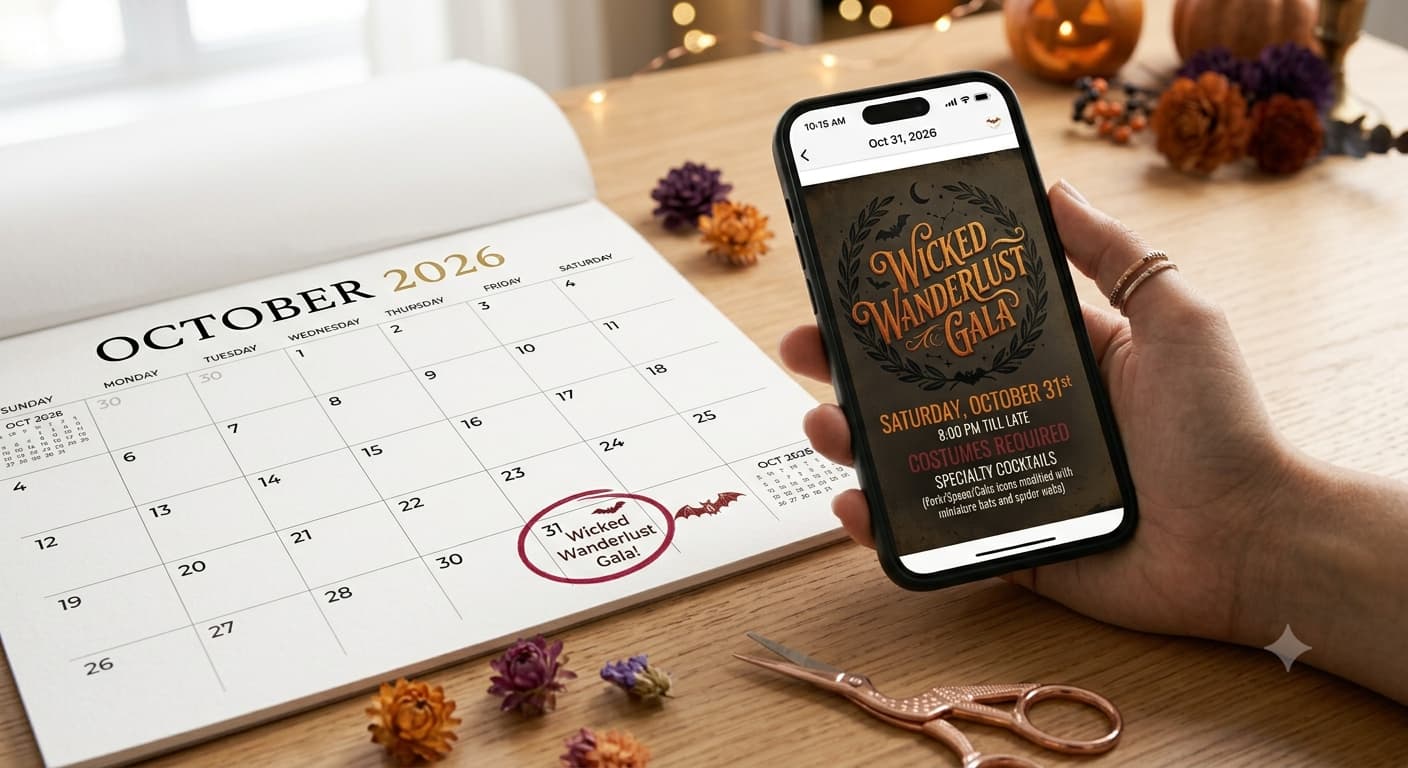An October 2026 wall calendar with 31 October circled, beside a phone showing a Halloween invitation.