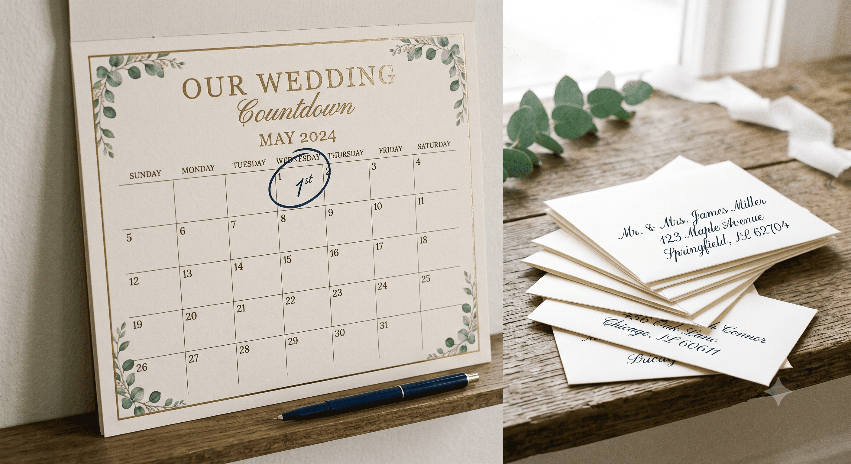 A wall calendar with an RSVP deadline circled in pen, a stack of addressed invitations beside it.