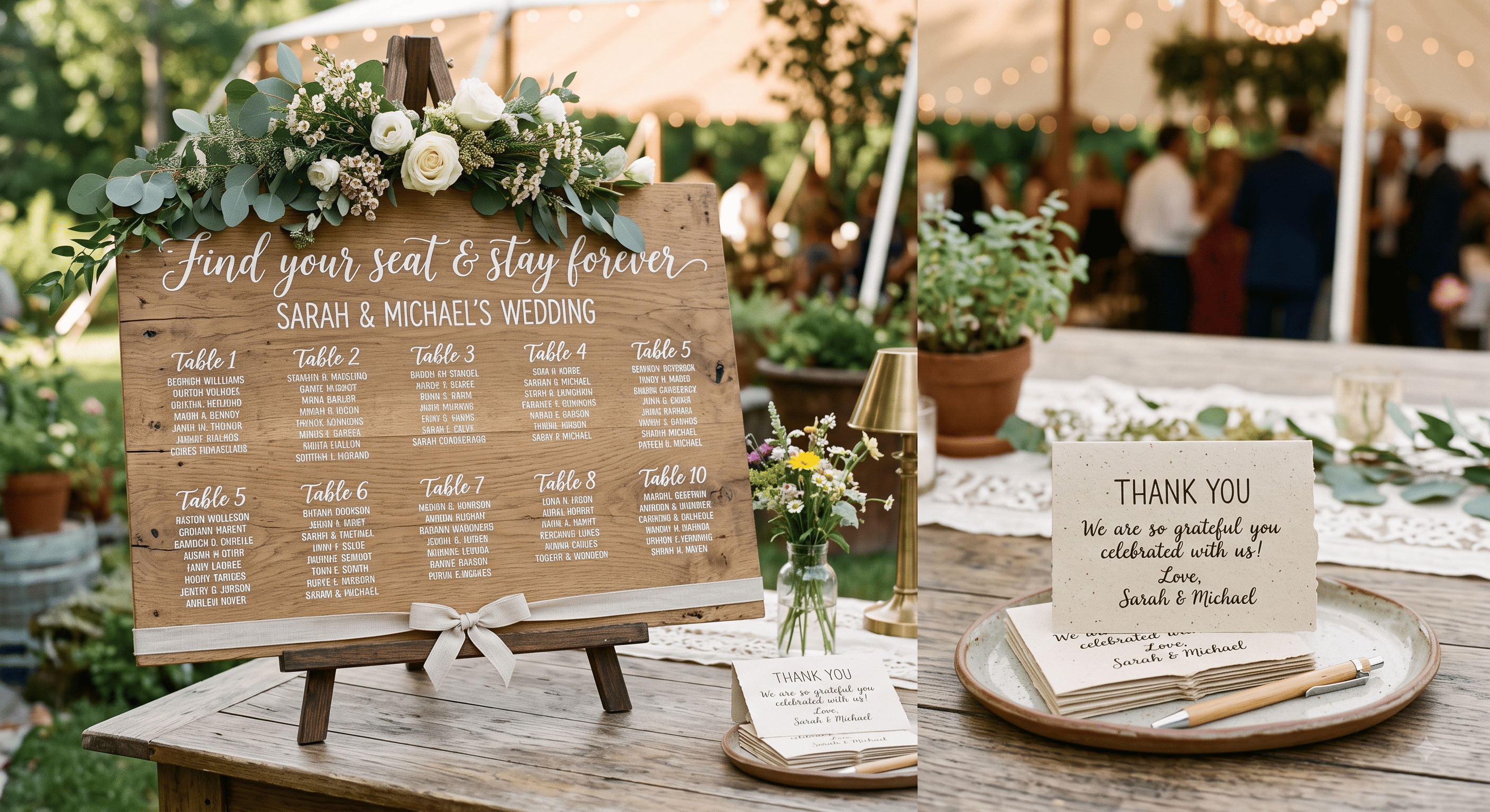 A wedding seating chart on a reusable wooden board beside handwritten thank-you cards on recycled paper.